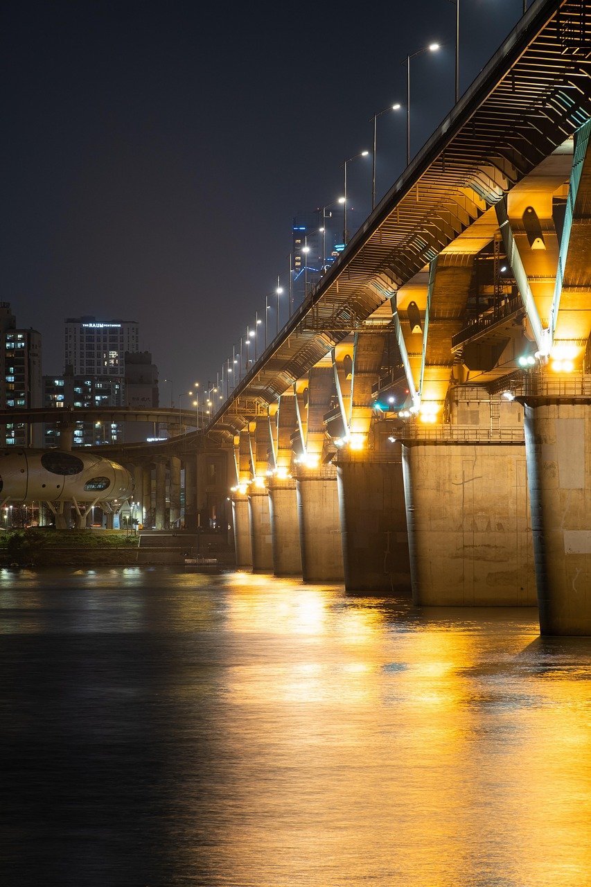 river, bridge, pier, light, han river, water, nature, night view, architecture, construct